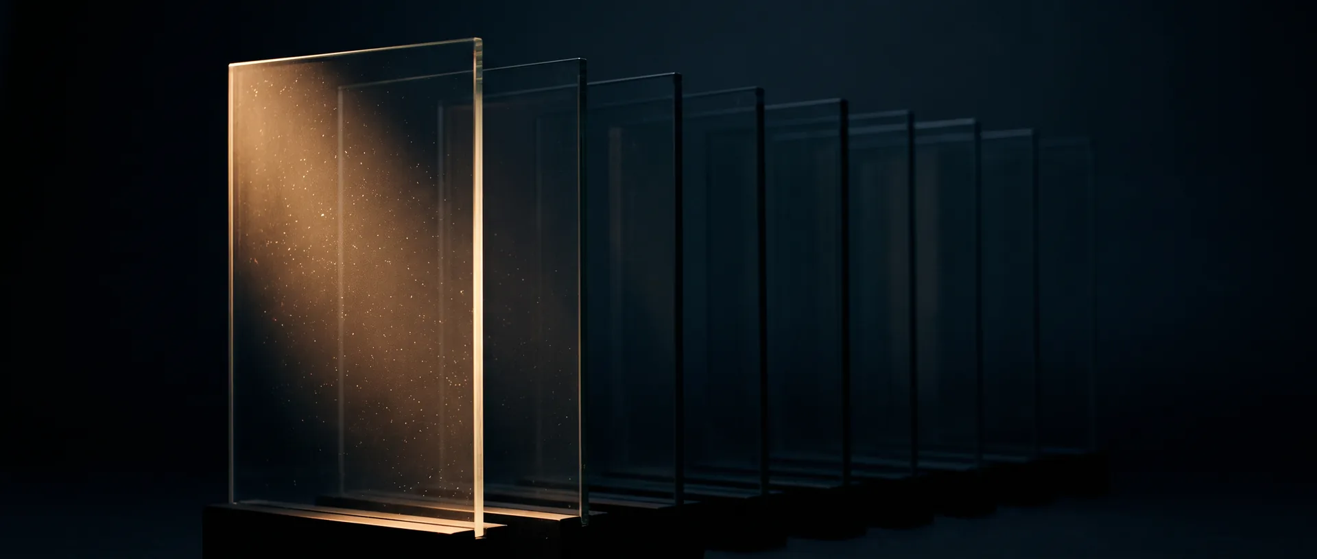 Neun Glasscheiben hintereinander, nur die vorderste ist beleuchtet und scharf